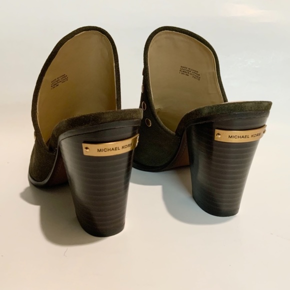 Michael Kors Louise Suede Mules Olive Studded Stacked Block Heel Slip On Clog - Picture 12 of 15
